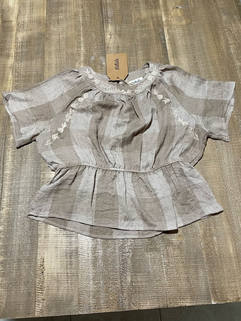 Listicle Embroidered Peplum Stripe Top in Taupe and Cream NEW